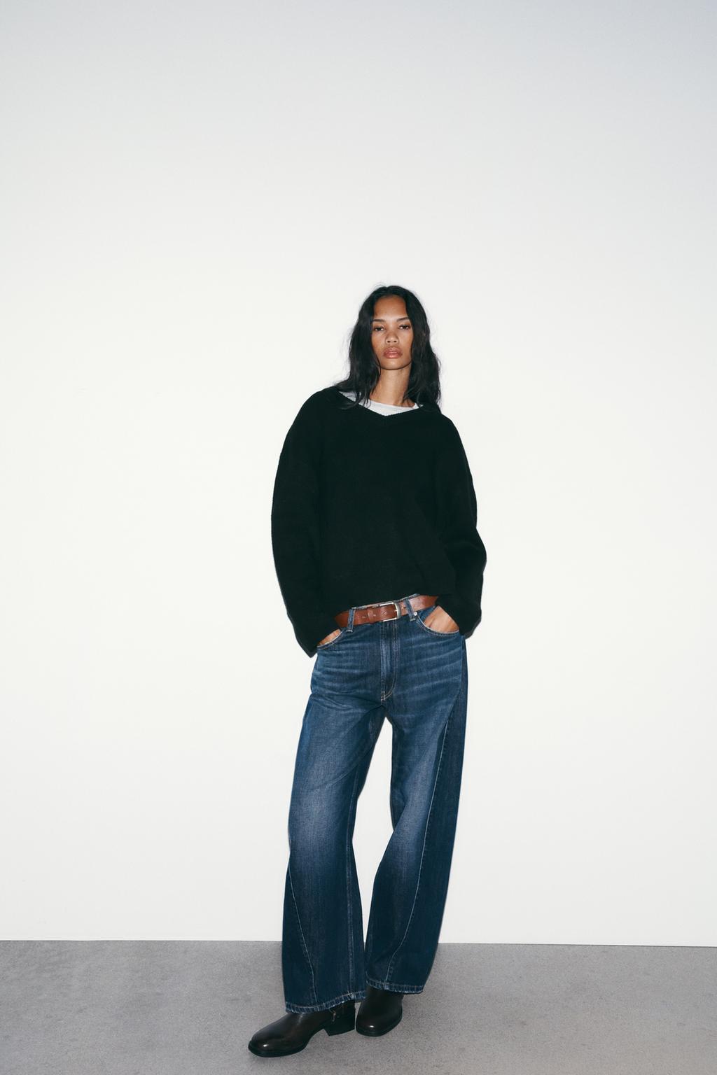 TRF Mid-Rise Baggy Barrel Jeans in Dark Blue