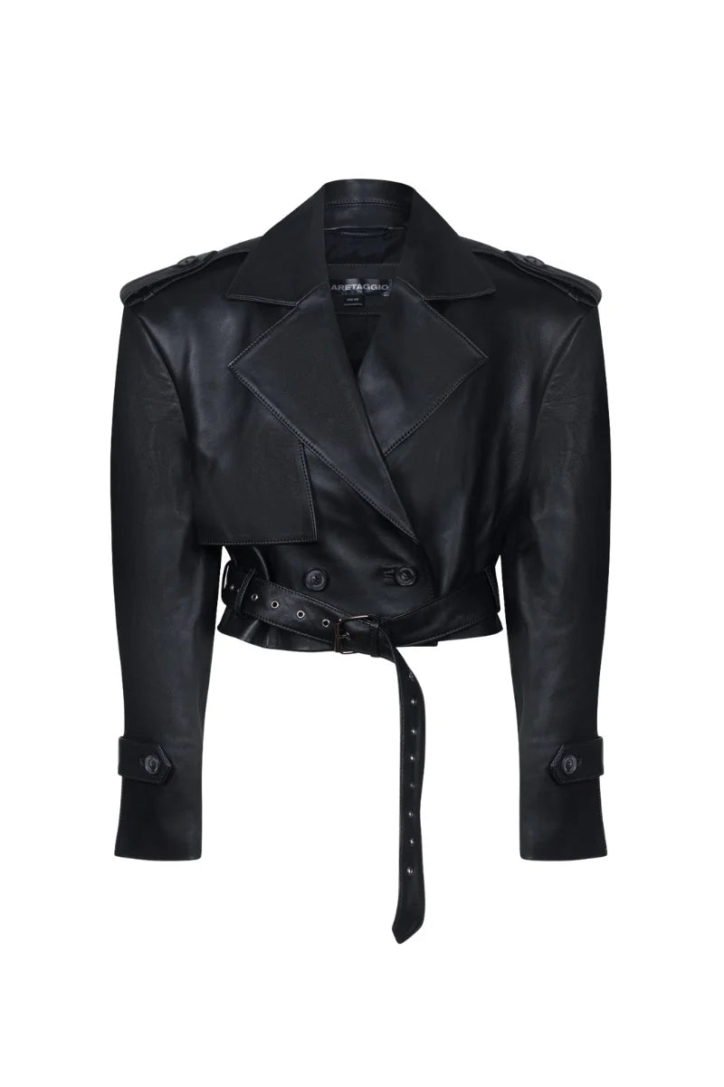 Novara Leather Belted Cropped Jacket in Black