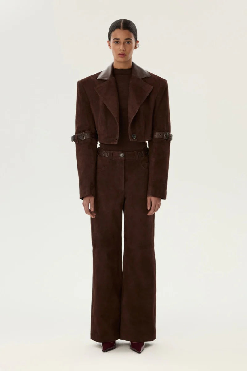 Girrone Suede Cropped Blazer in Brown