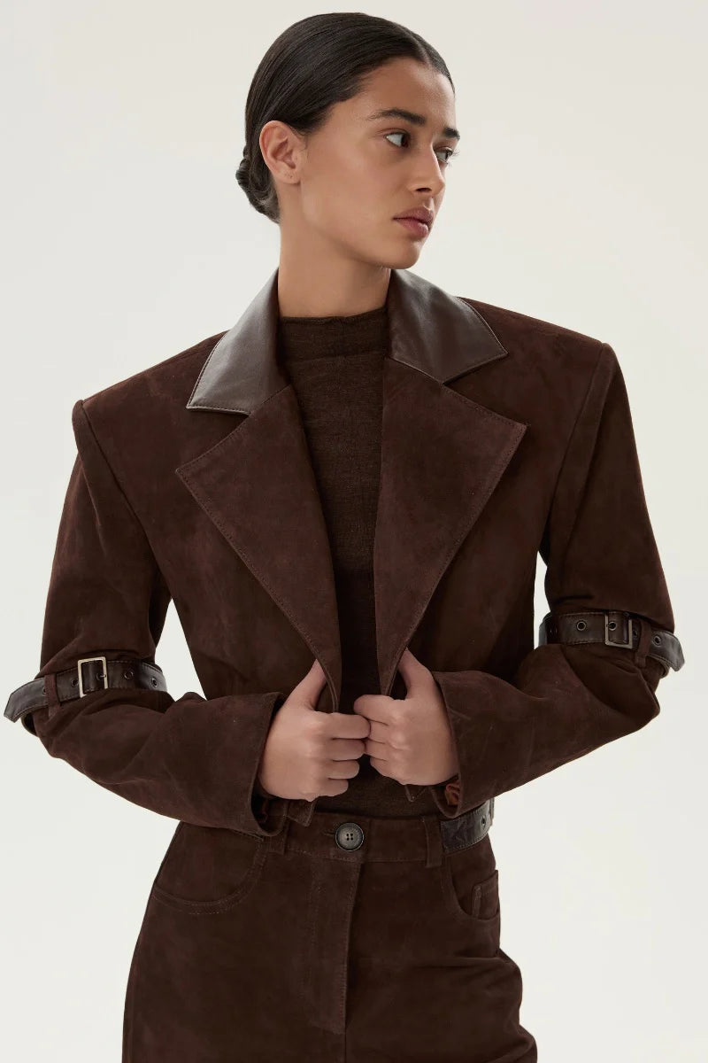 Girrone Suede Cropped Blazer in Brown