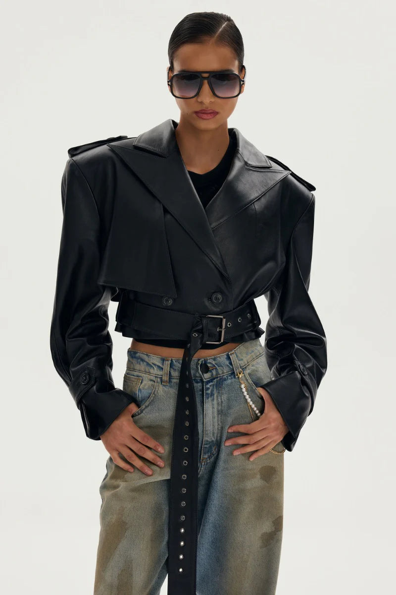 Novara Leather Belted Cropped Jacket in Black