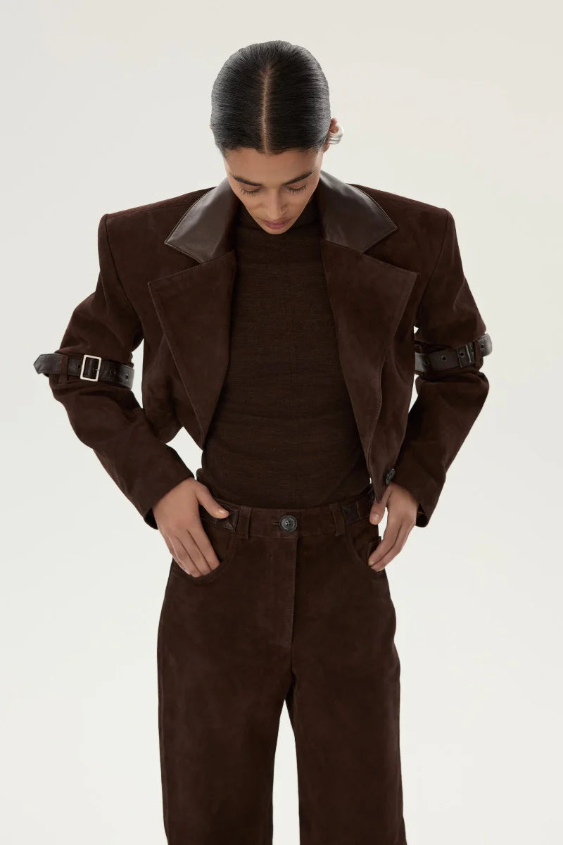 Girrone Suede Cropped Blazer in Brown