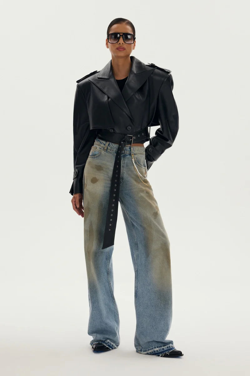 Novara Leather Belted Cropped Jacket in Black