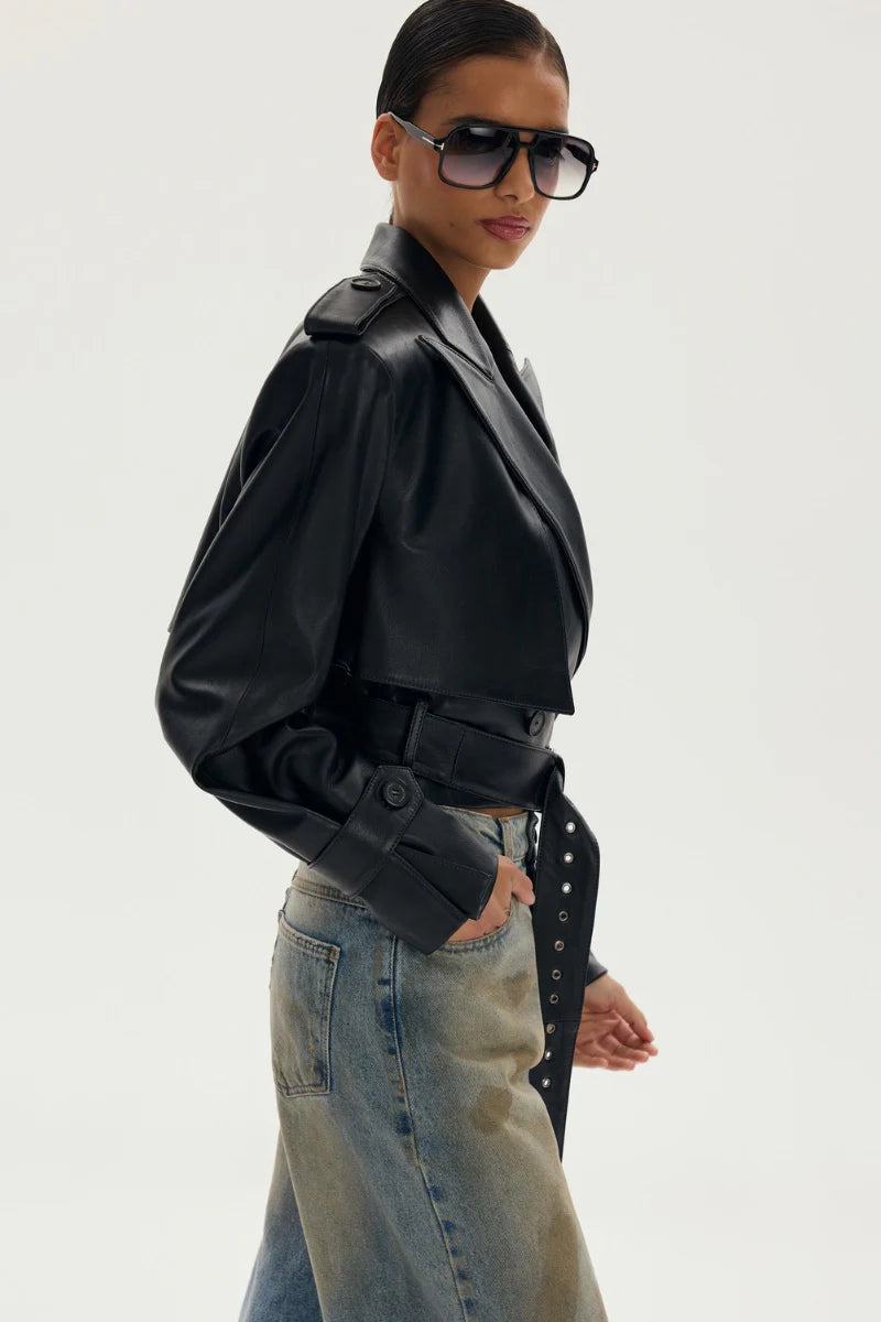 Novara Leather Belted Cropped Jacket in Black