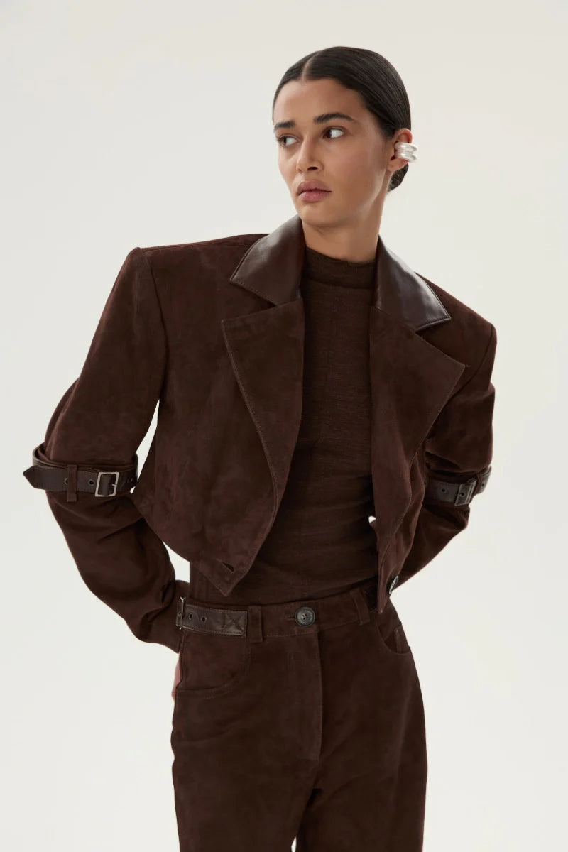 Girrone Suede Cropped Blazer in Brown