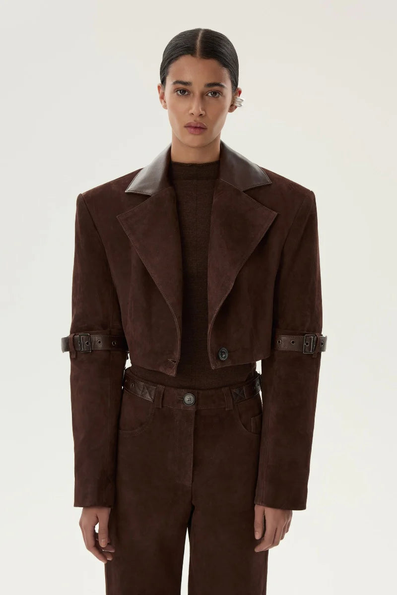 Girrone Suede Cropped Blazer in Brown