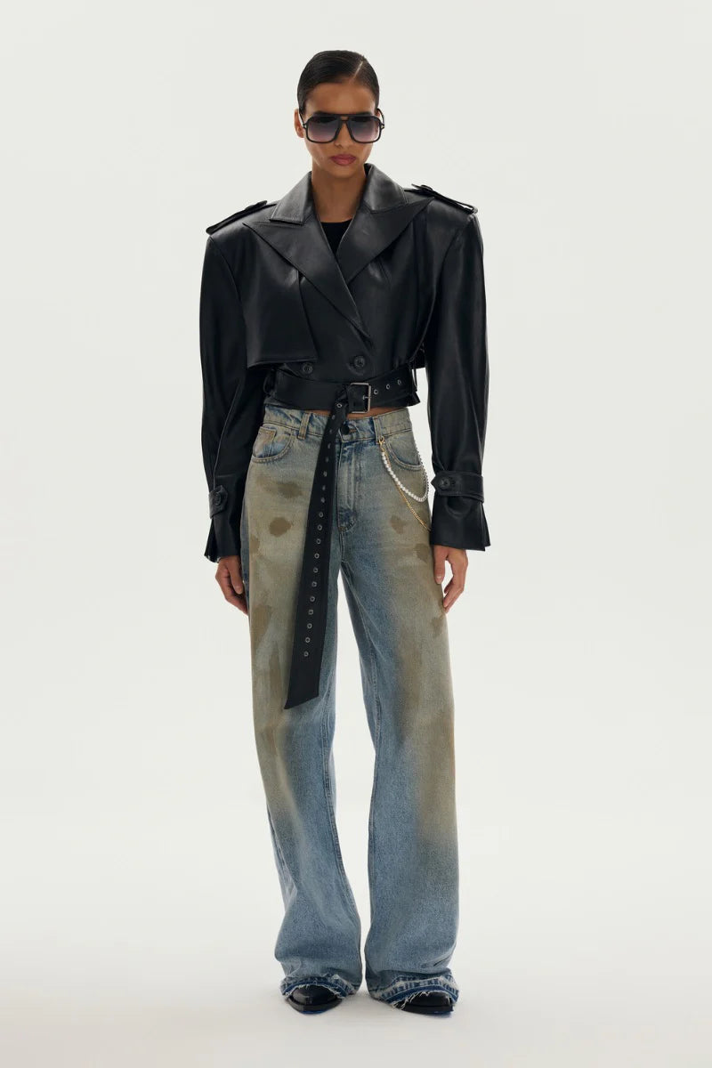 Novara Leather Belted Cropped Jacket in Black