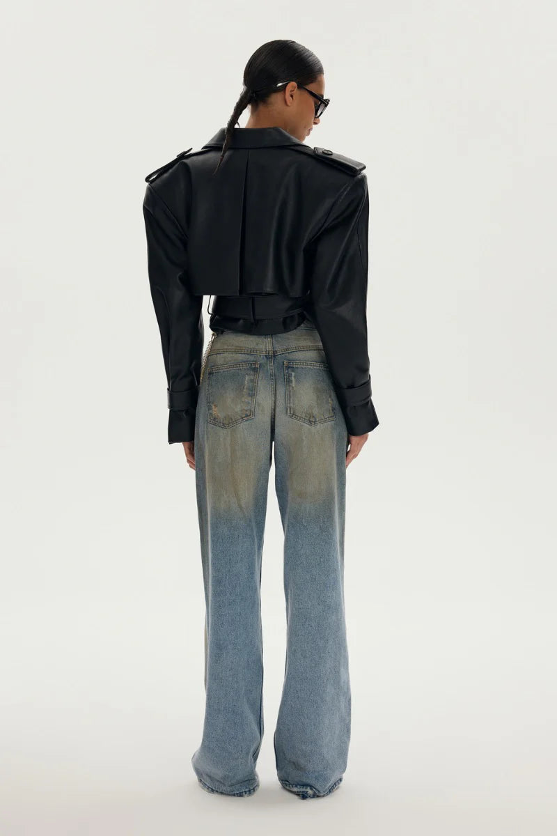 Novara Leather Belted Cropped Jacket in Black