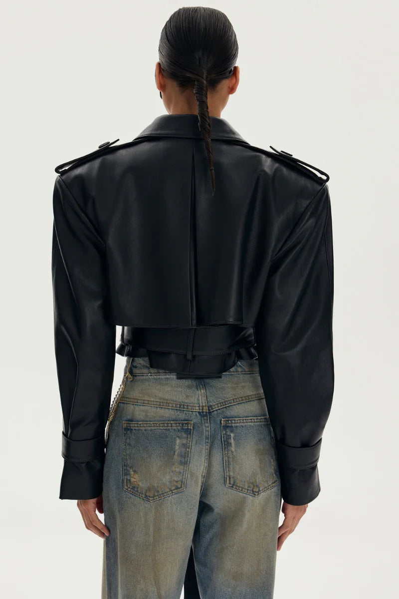 Novara Leather Belted Cropped Jacket in Black