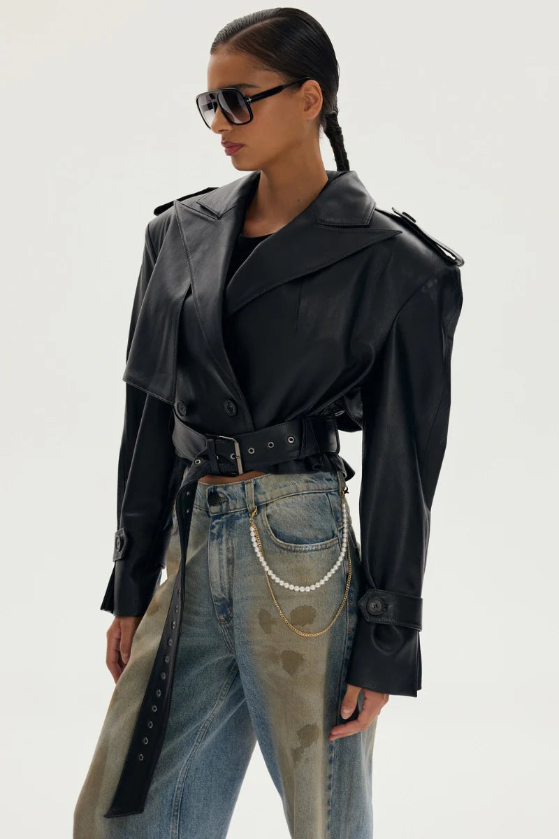 Novara Leather Belted Cropped Jacket in Black
