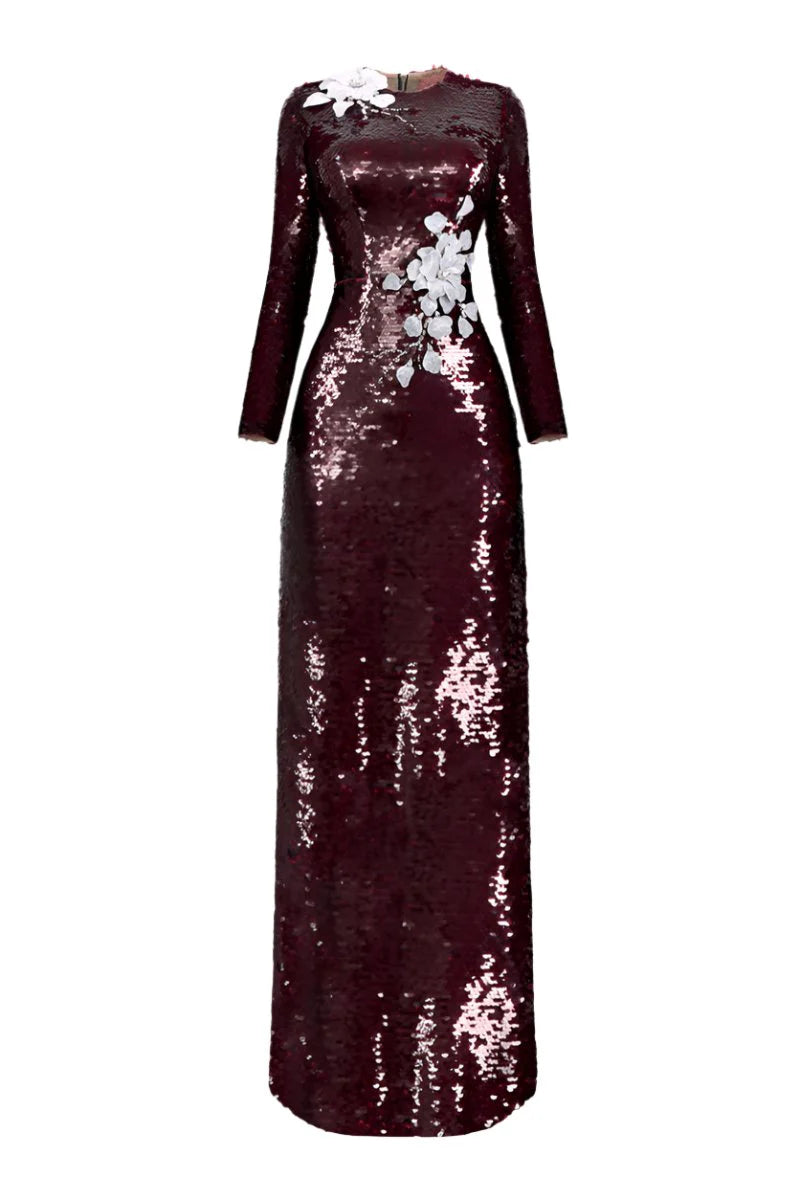 HACCHIC Couture Sequin Flower Long Sleeve Evening Gown