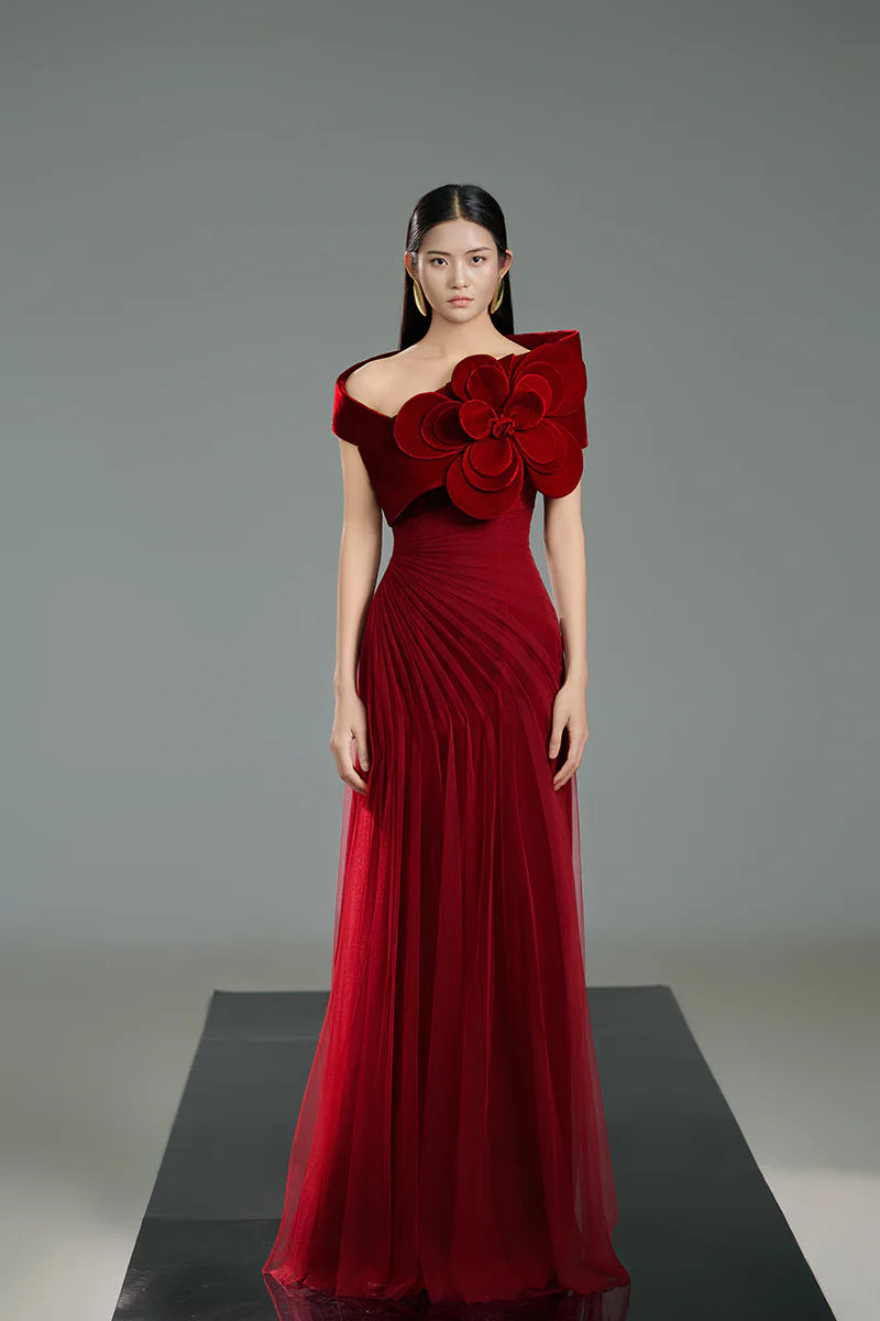 Red Rose One Shoulder Maxi Dress