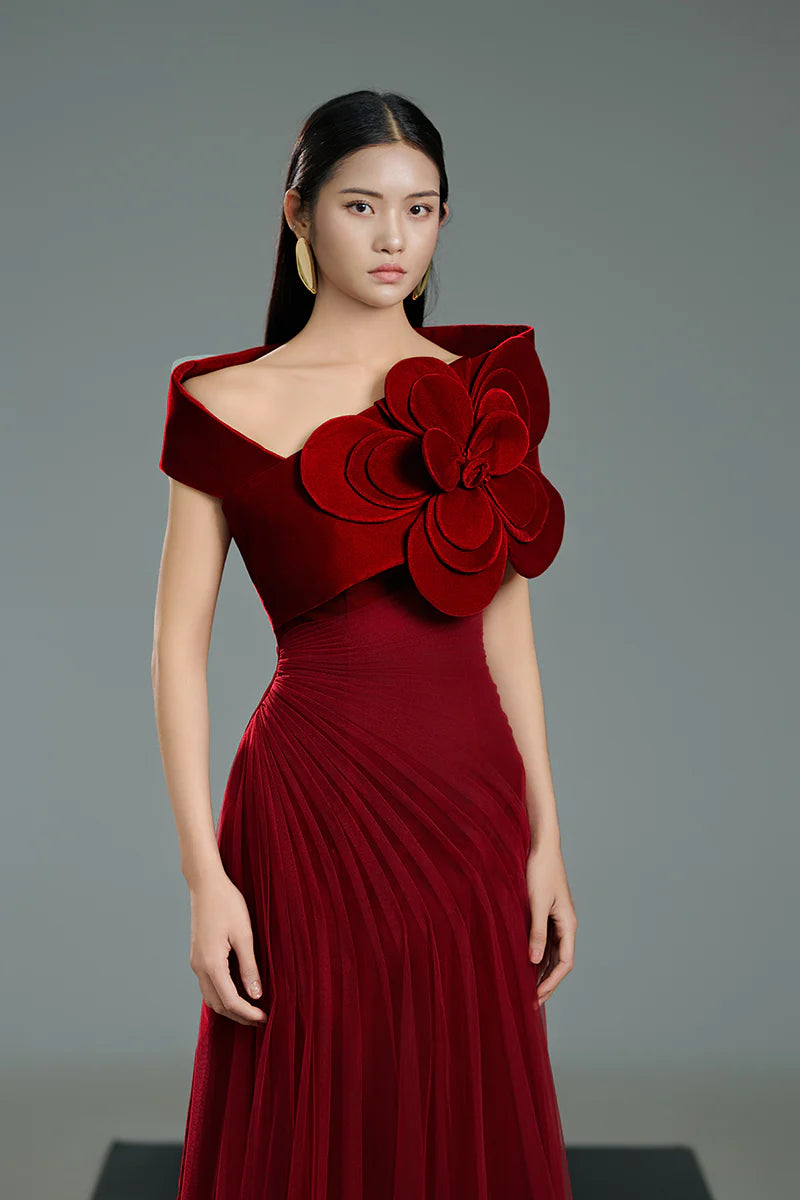 Red Rose One Shoulder Maxi Dress