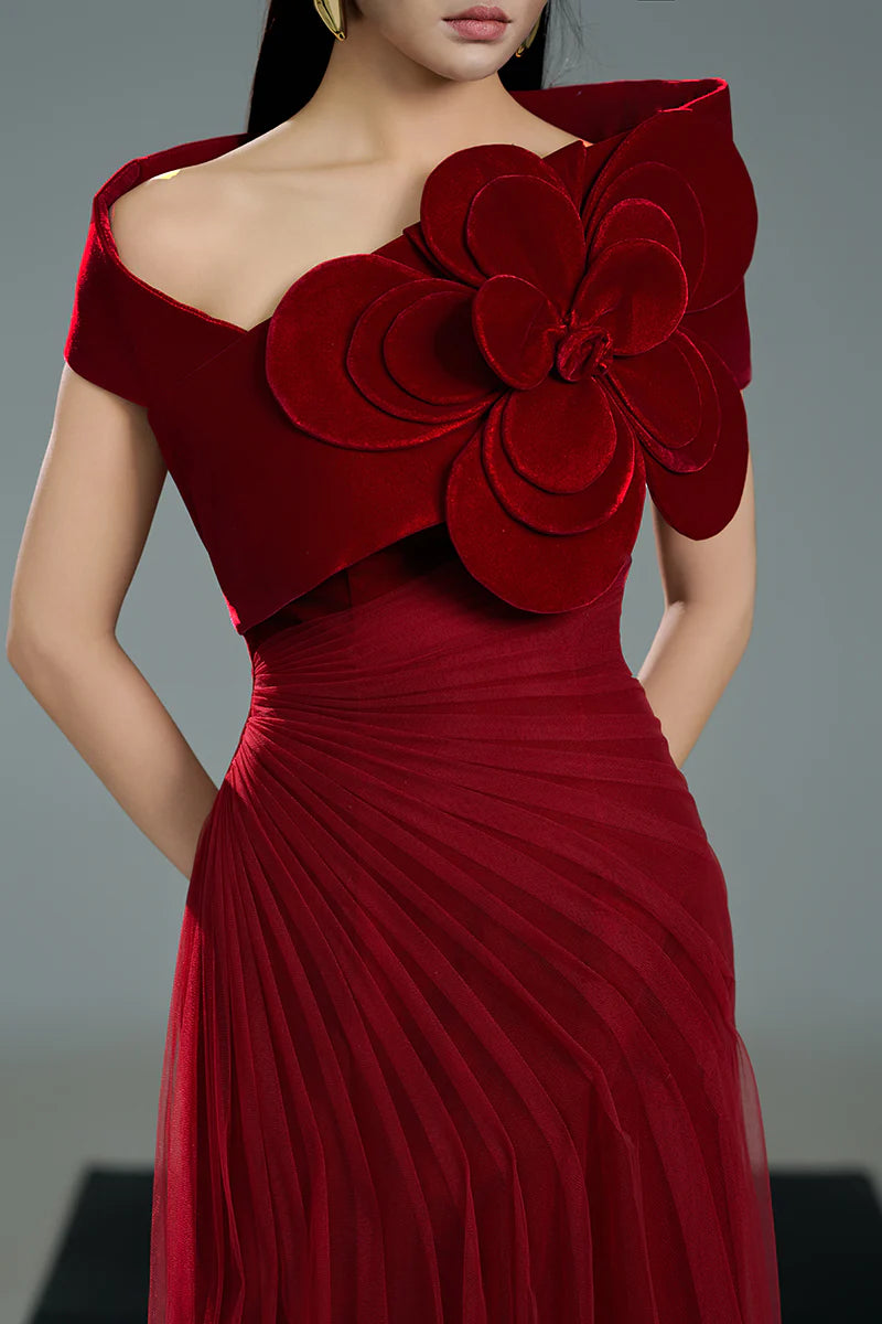 Red Rose One Shoulder Maxi Dress