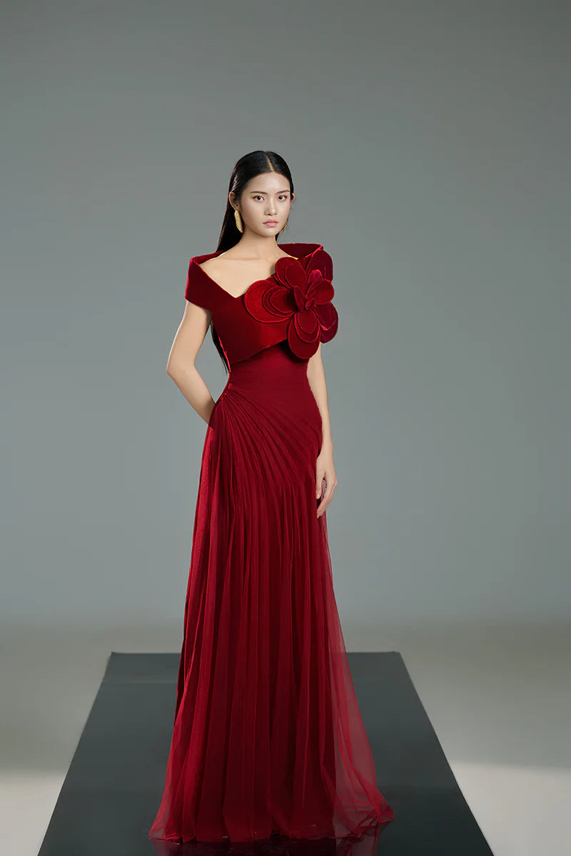 Red Rose One Shoulder Maxi Dress