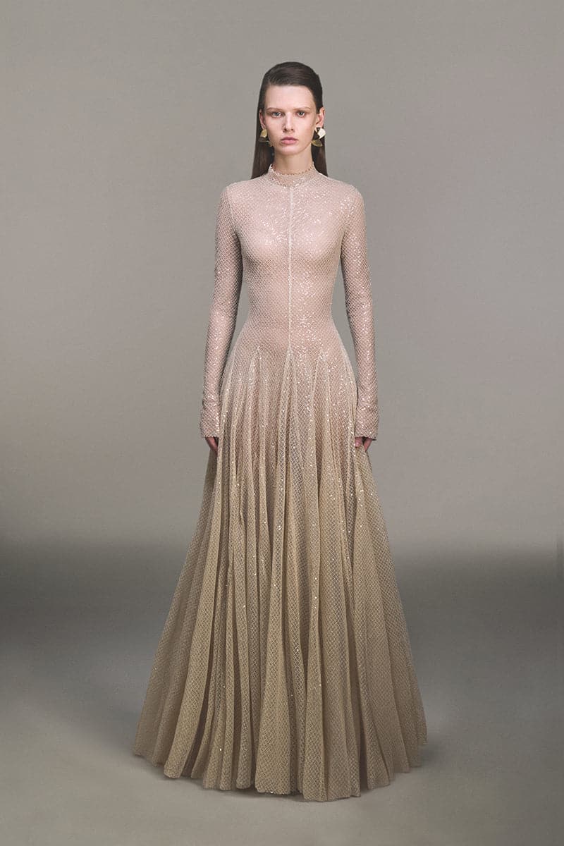 Erytheia I Champagne Shimmer Maxi Gown