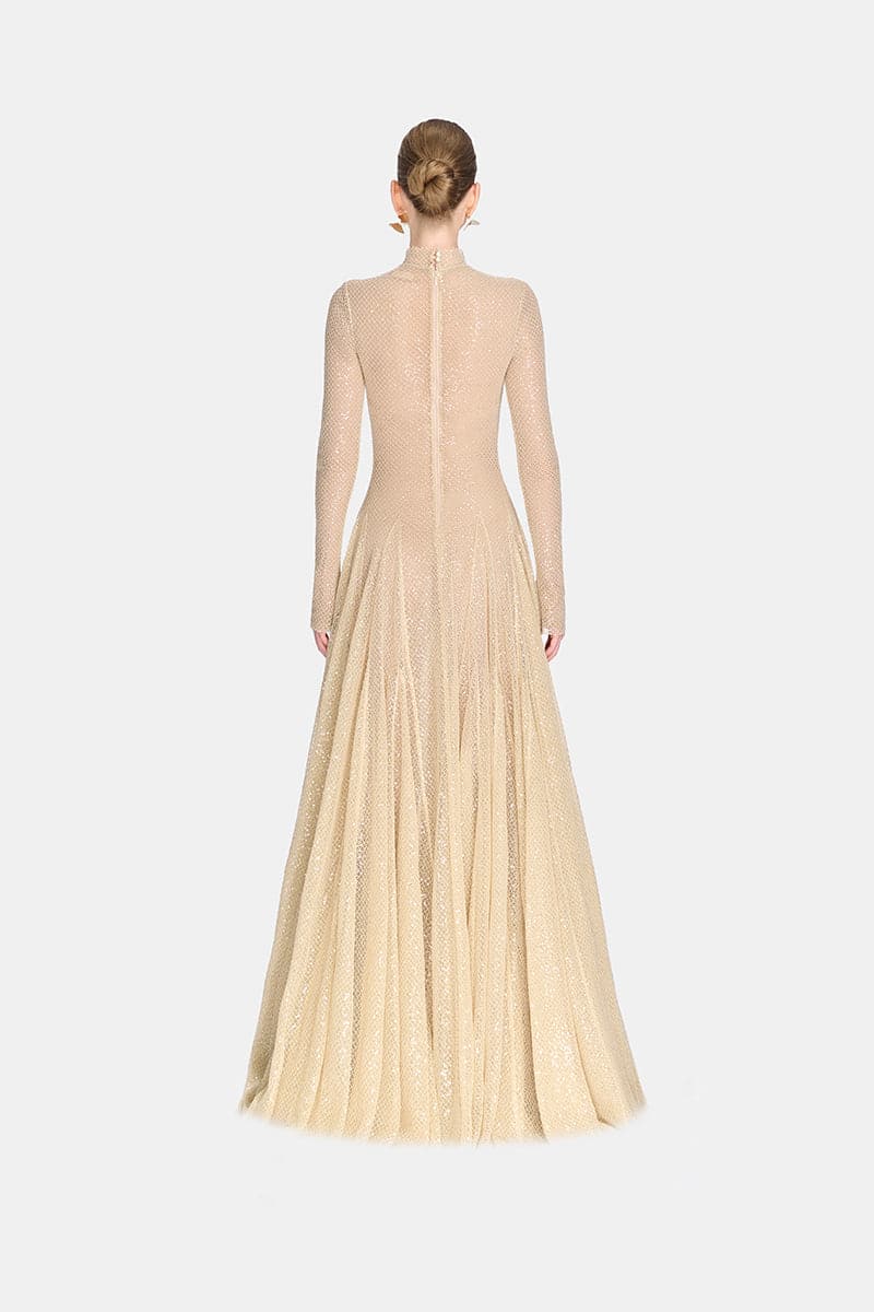 Erytheia I Champagne Shimmer Maxi Gown
