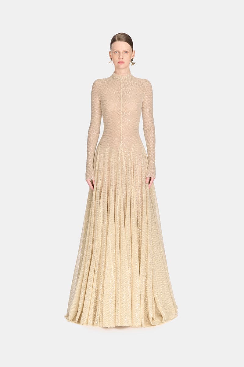 Erytheia I Champagne Shimmer Maxi Gown