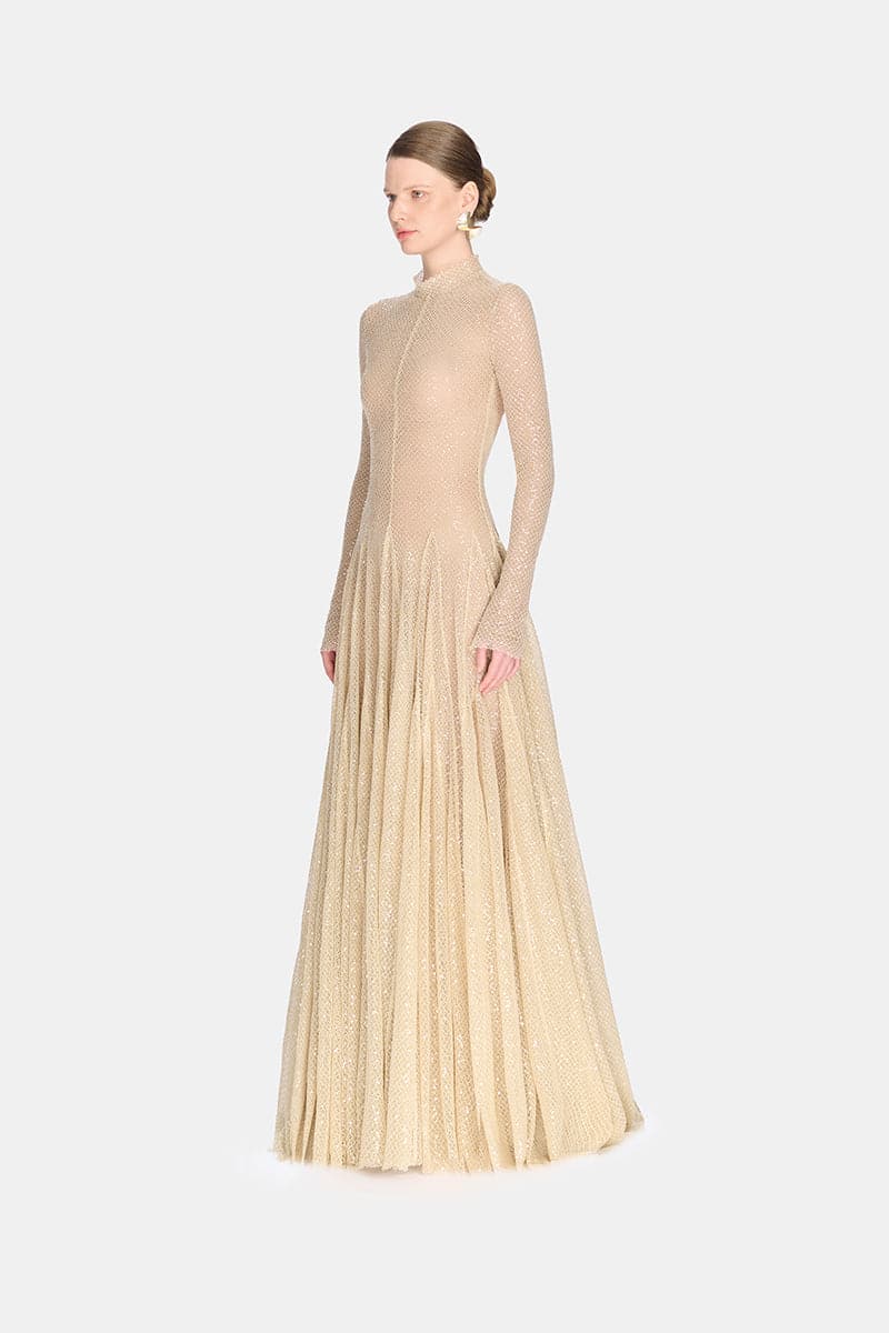 Erytheia I Champagne Shimmer Maxi Gown