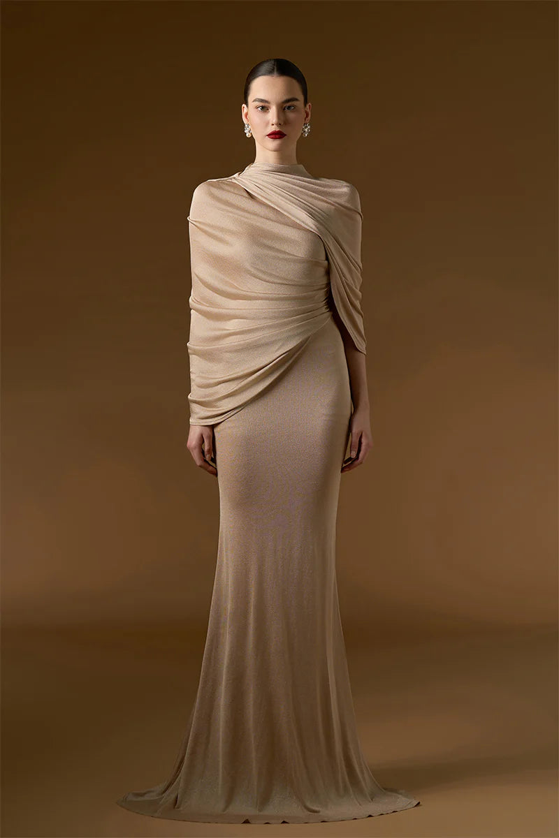 Bonnie Shimmer Jersey Maxi Dress in Beige
