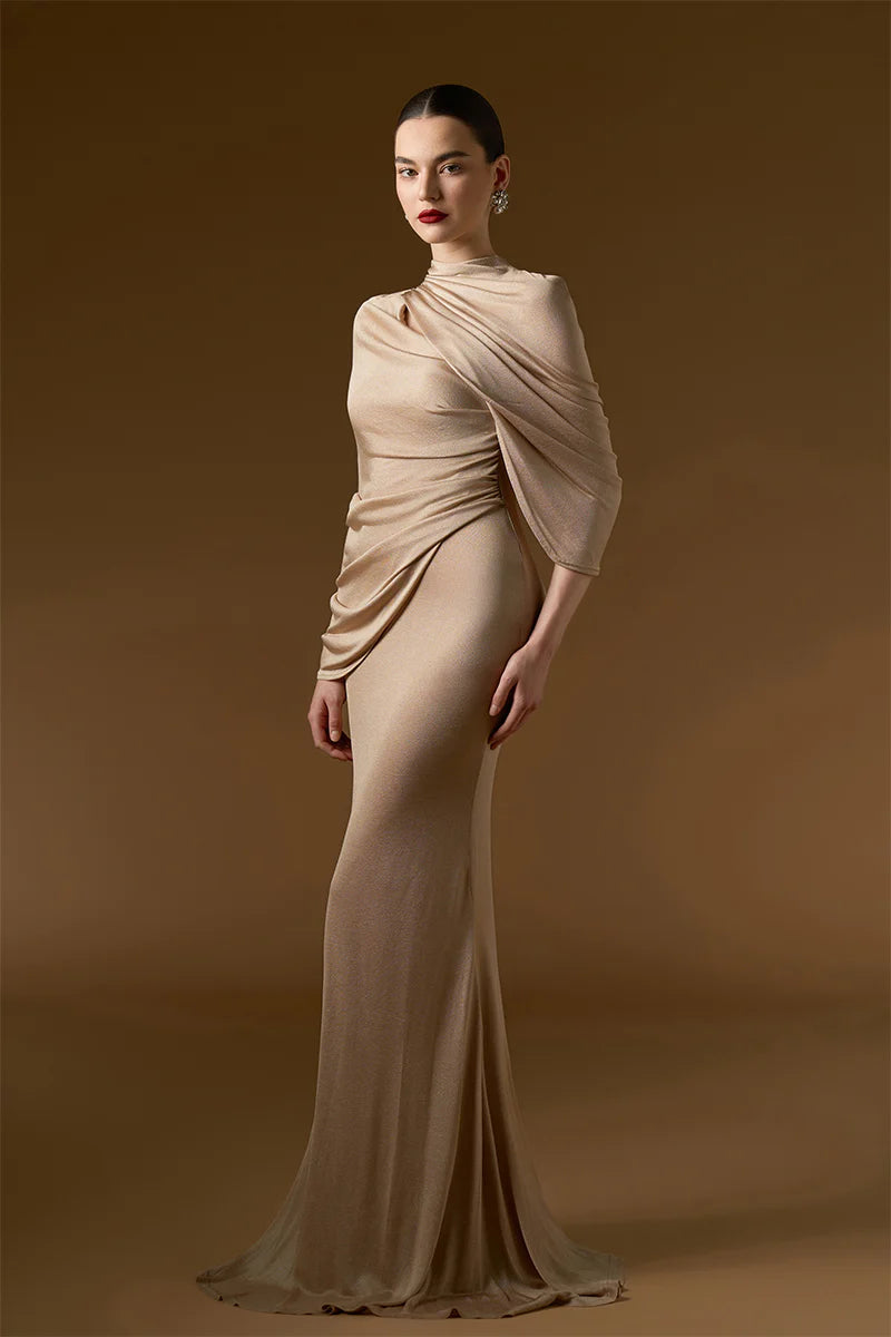 Bonnie Shimmer Jersey Maxi Dress in Beige