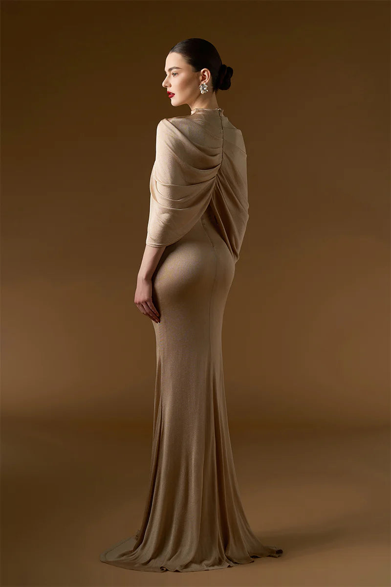 Bonnie Shimmer Jersey Maxi Dress in Beige