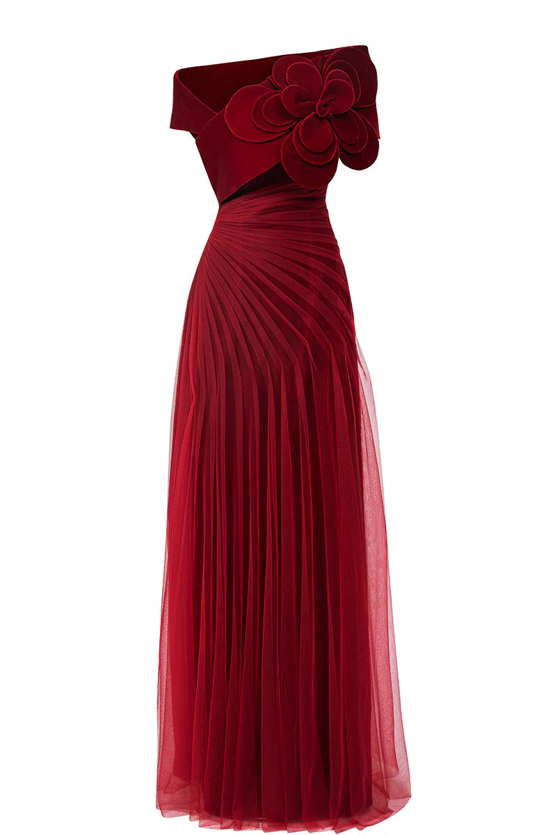 Red Rose One Shoulder Maxi Dress