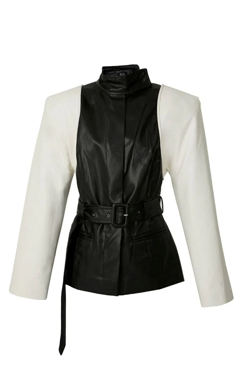 Black & White Belted Faux Leather Blazer Jacket