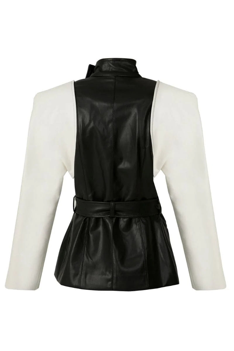 Black & White Belted Faux Leather Blazer Jacket