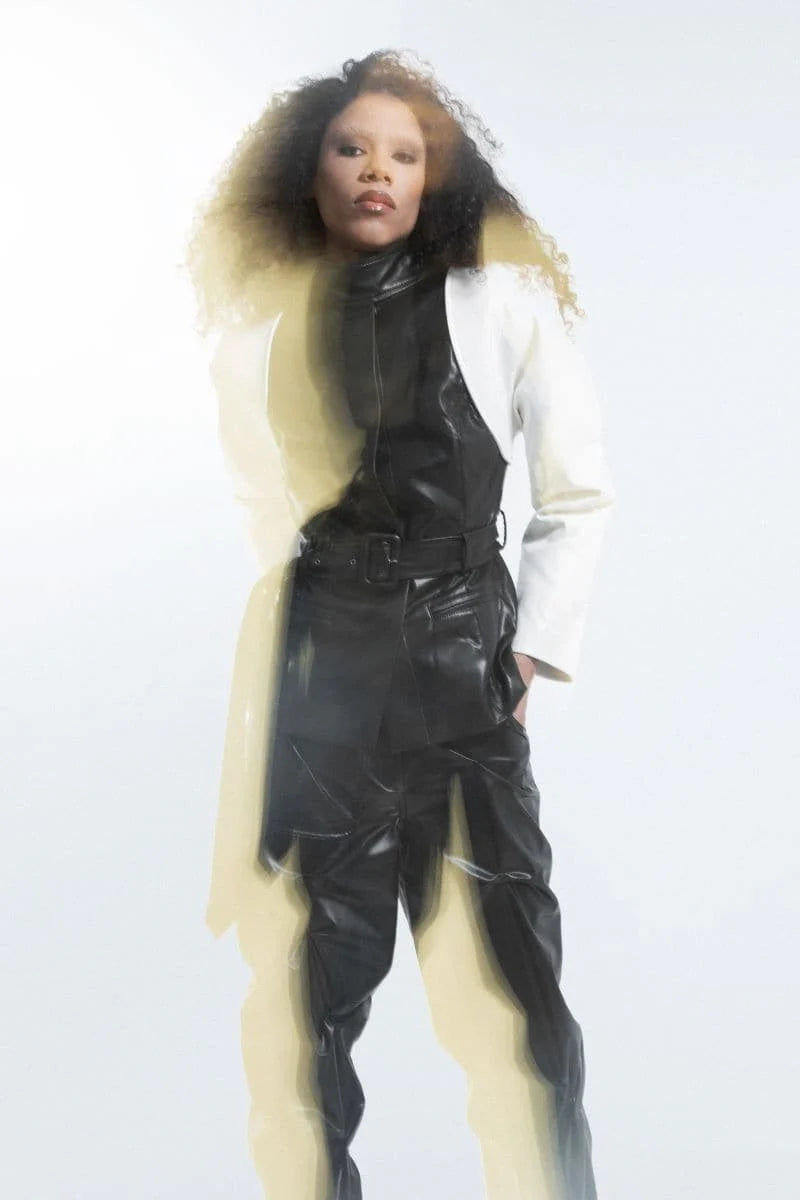 Black & White Belted Faux Leather Blazer Jacket