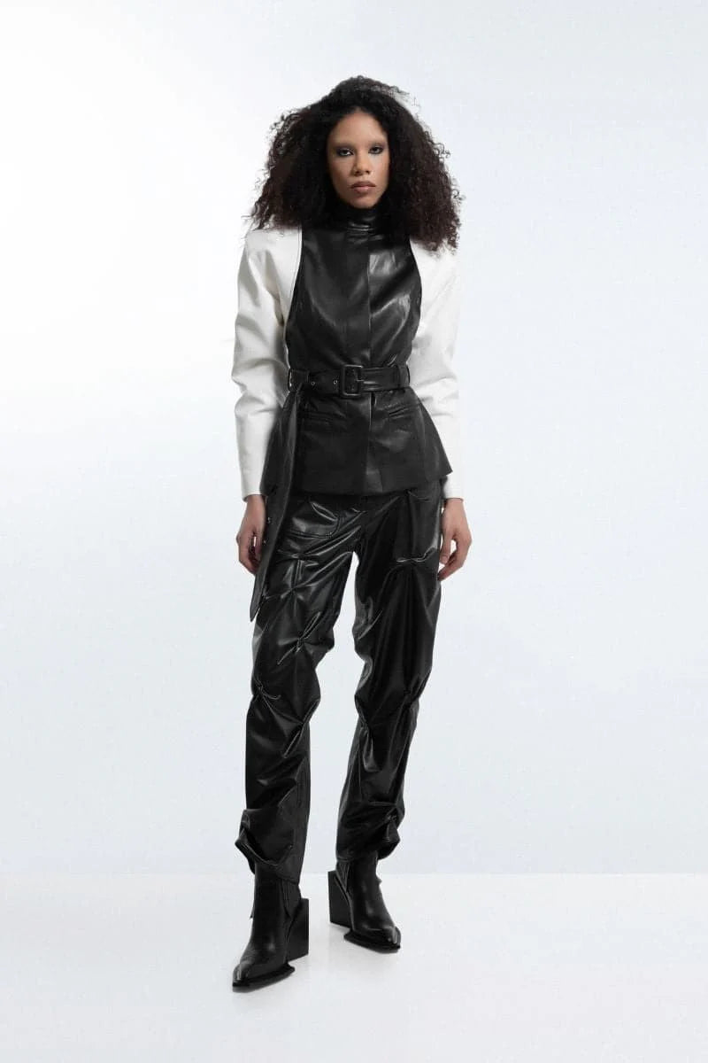 Black & White Belted Faux Leather Blazer Jacket