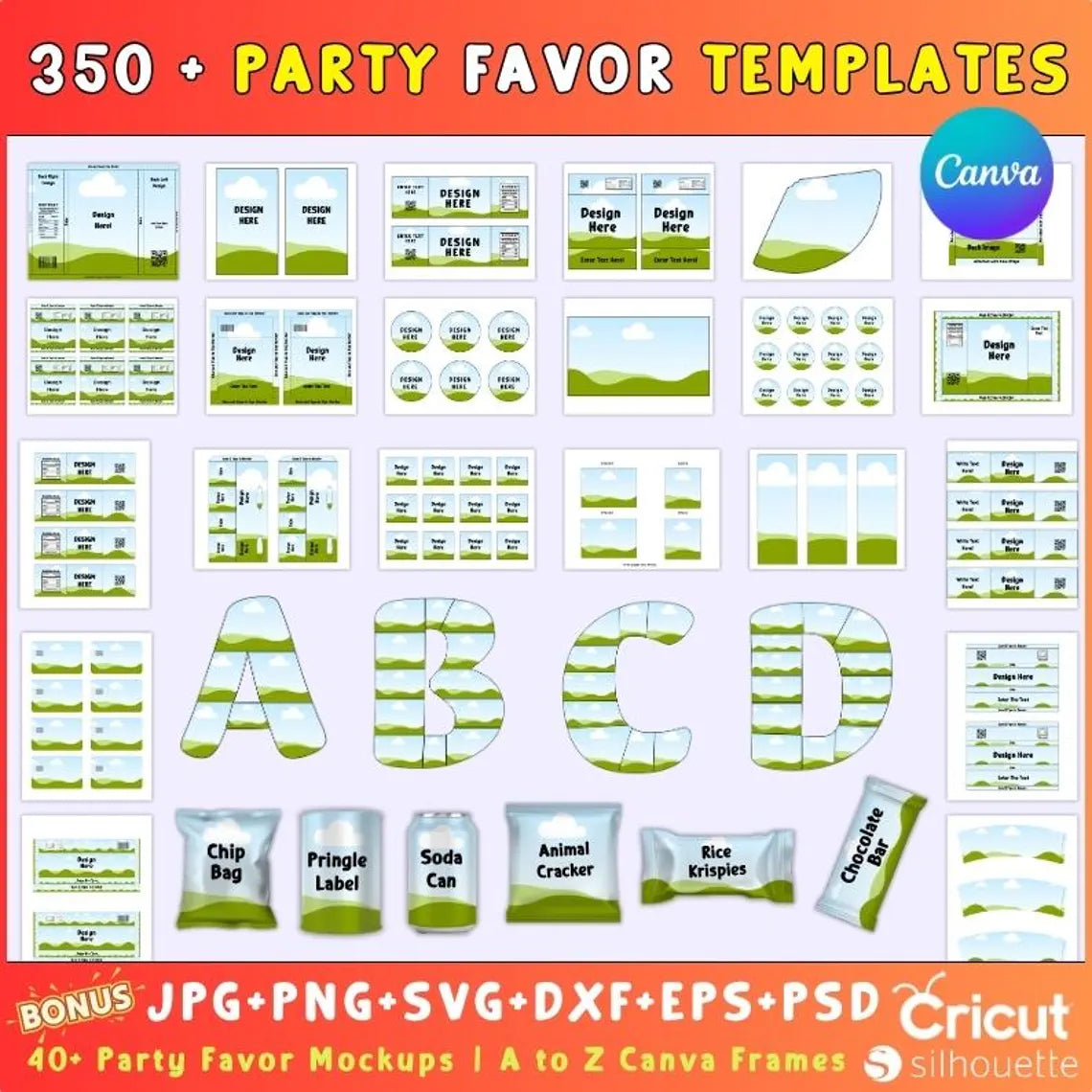 350 Party Favor Templates Bundle | Editable Canva + PSD + SVG | Chip Bag, Capri Sun Label, Chocolate Bar Wrapper, 3D Mockups & Frames | Digital Download