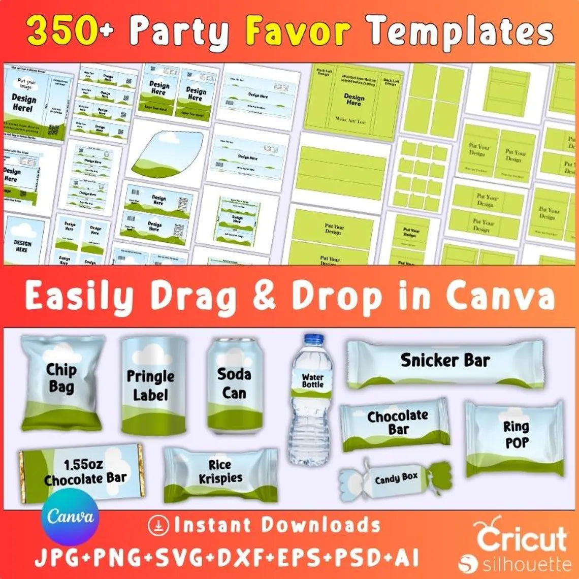 350 Party Favor Templates Bundle | Editable Canva + PSD + SVG | Chip Bag, Capri Sun Label, Chocolate Bar Wrapper, 3D Mockups & Frames | Digital Download