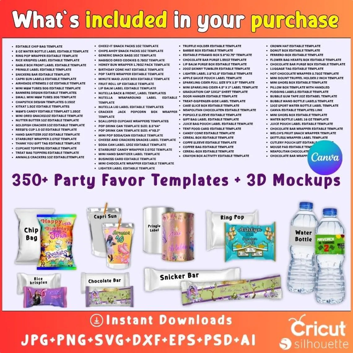 350 Party Favor Templates Bundle | Editable Canva + PSD + SVG | Chip Bag, Capri Sun Label, Chocolate Bar Wrapper, 3D Mockups & Frames | Digital Download