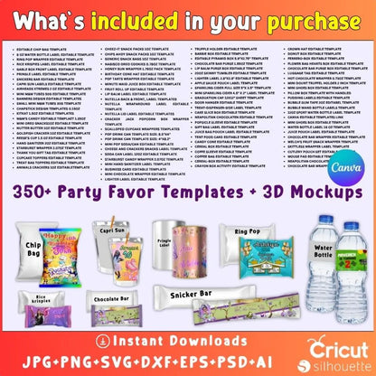 350 Party Favor Templates Bundle | Editable Canva + PSD + SVG | Chip Bag, Capri Sun Label, Chocolate Bar Wrapper, 3D Mockups & Frames | Digital Download