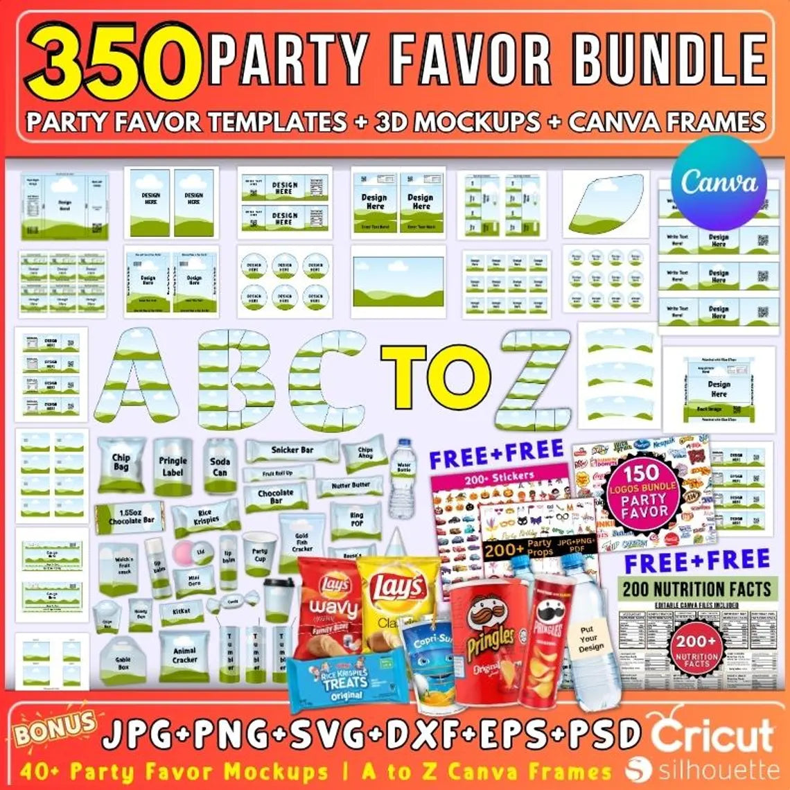 350 Party Favor Templates Bundle | Editable Canva + PSD + SVG | Chip Bag, Capri Sun Label, Chocolate Bar Wrapper, 3D Mockups & Frames | Digital Download
