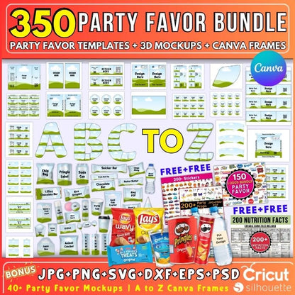 350 Party Favor Templates Bundle | Editable Canva + PSD + SVG | Chip Bag, Capri Sun Label, Chocolate Bar Wrapper, 3D Mockups & Frames | Digital Download