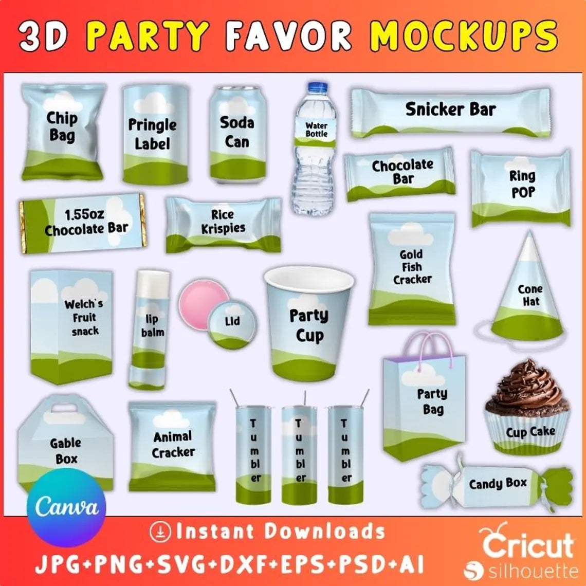 350 Party Favor Templates Bundle | Editable Canva + PSD + SVG | Chip Bag, Capri Sun Label, Chocolate Bar Wrapper, 3D Mockups & Frames | Digital Download