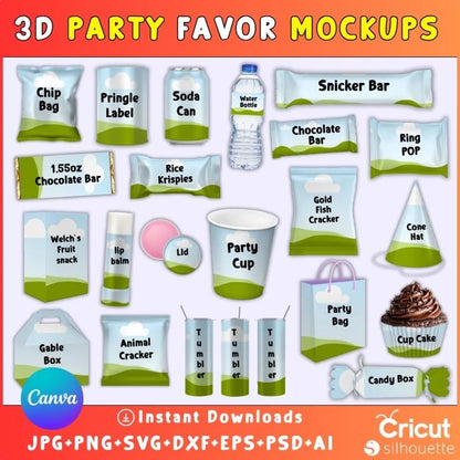 350 Party Favor Templates Bundle | Editable Canva + PSD + SVG | Chip Bag, Capri Sun Label, Chocolate Bar Wrapper, 3D Mockups & Frames | Digital Download