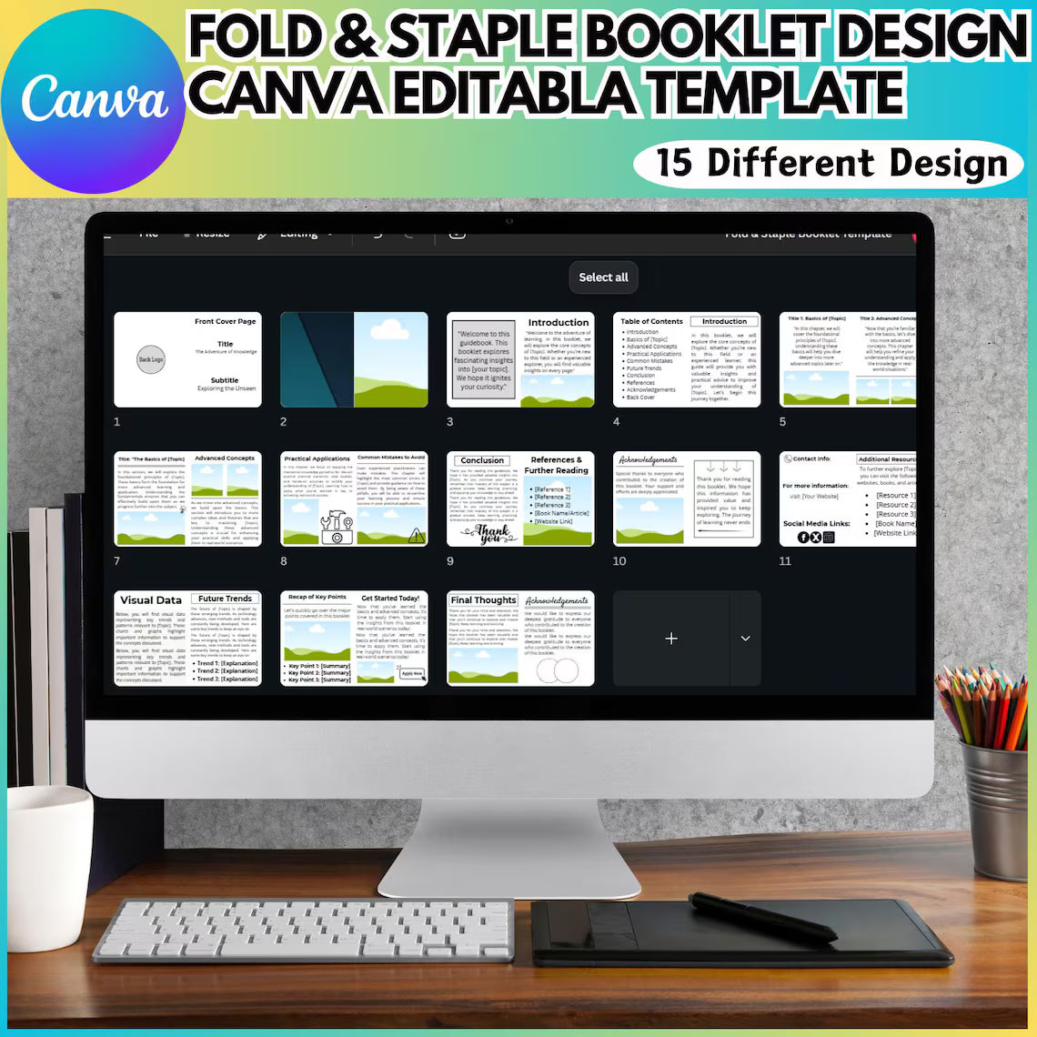 Fold & Staple Booklet Canva Template | 15-Page Editable Book Template | Printable Kids Activity Book | 8.5x11 Landscape Digital Download