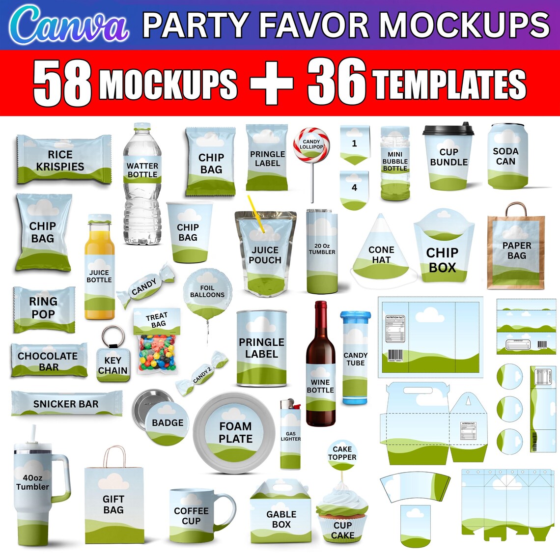 50x Party Favor Mockup Bundle | Editable Canva Templates | Chocolate Bar, Juice Pouch, Chip Bag, Water Bottle, DIY Party Mockups | Digital Download