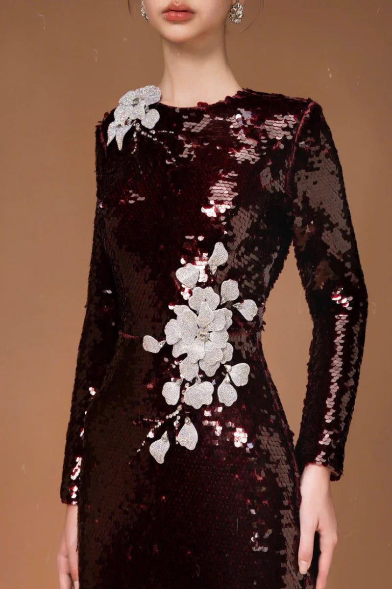 HACCHIC Couture Sequin Flower Long Sleeve Evening Gown
