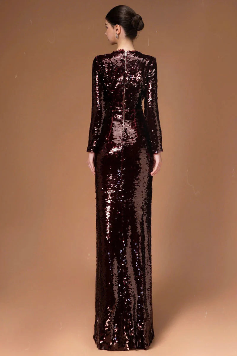 HACCHIC Couture Sequin Flower Long Sleeve Evening Gown