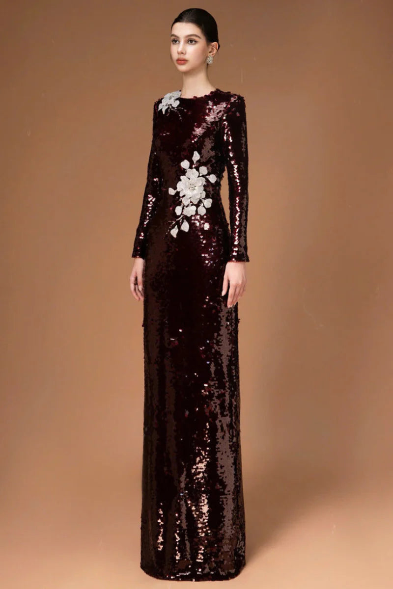 HACCHIC Couture Sequin Flower Long Sleeve Evening Gown