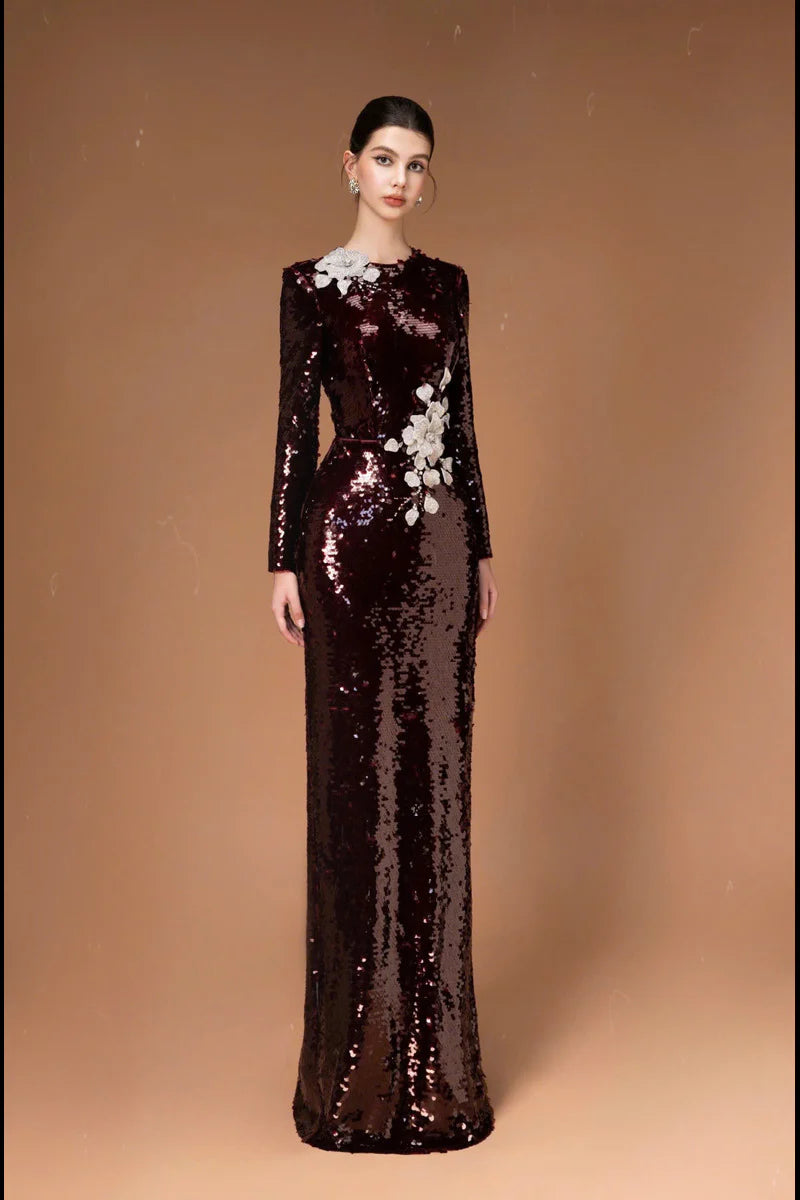 HACCHIC Couture Sequin Flower Long Sleeve Evening Gown