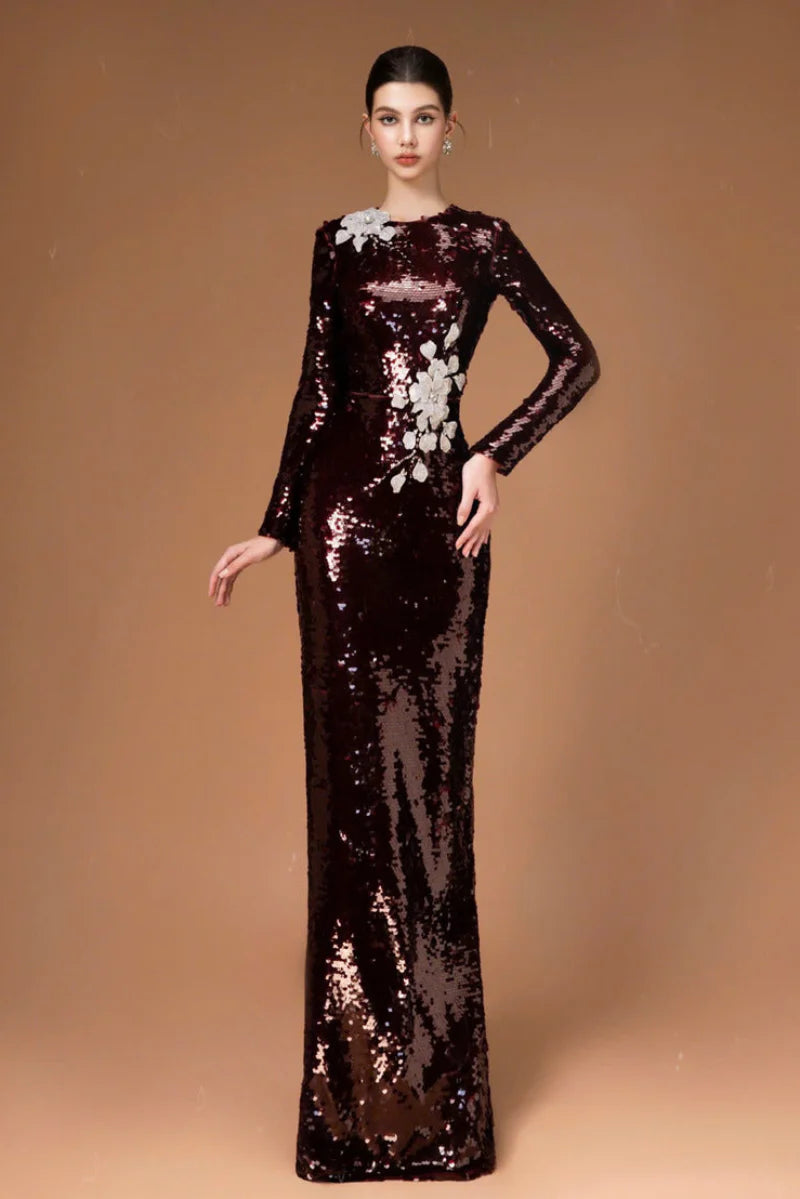 HACCHIC Couture Sequin Flower Long Sleeve Evening Gown